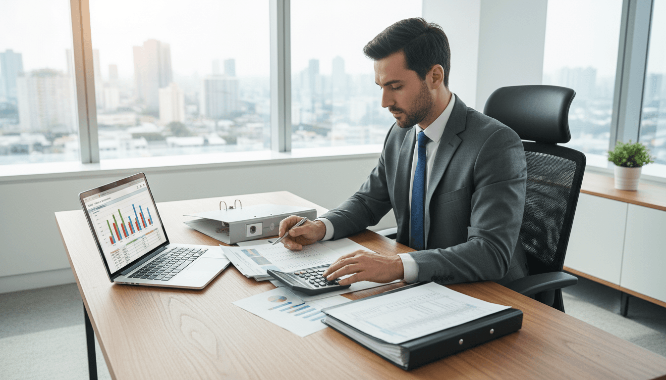 Professional reviewing loan documents at desk