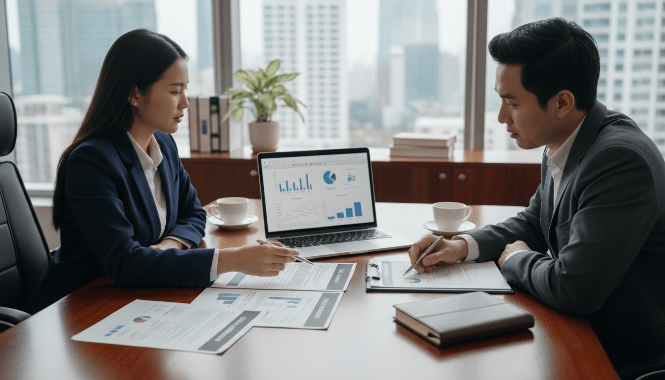 Professional funding specialist reviewing loan documents with client in bright modern office