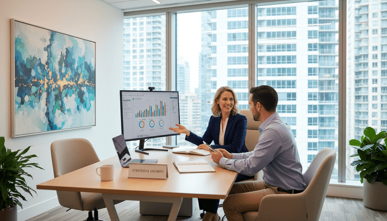 Professional advisor and client discussing loan options at office desk