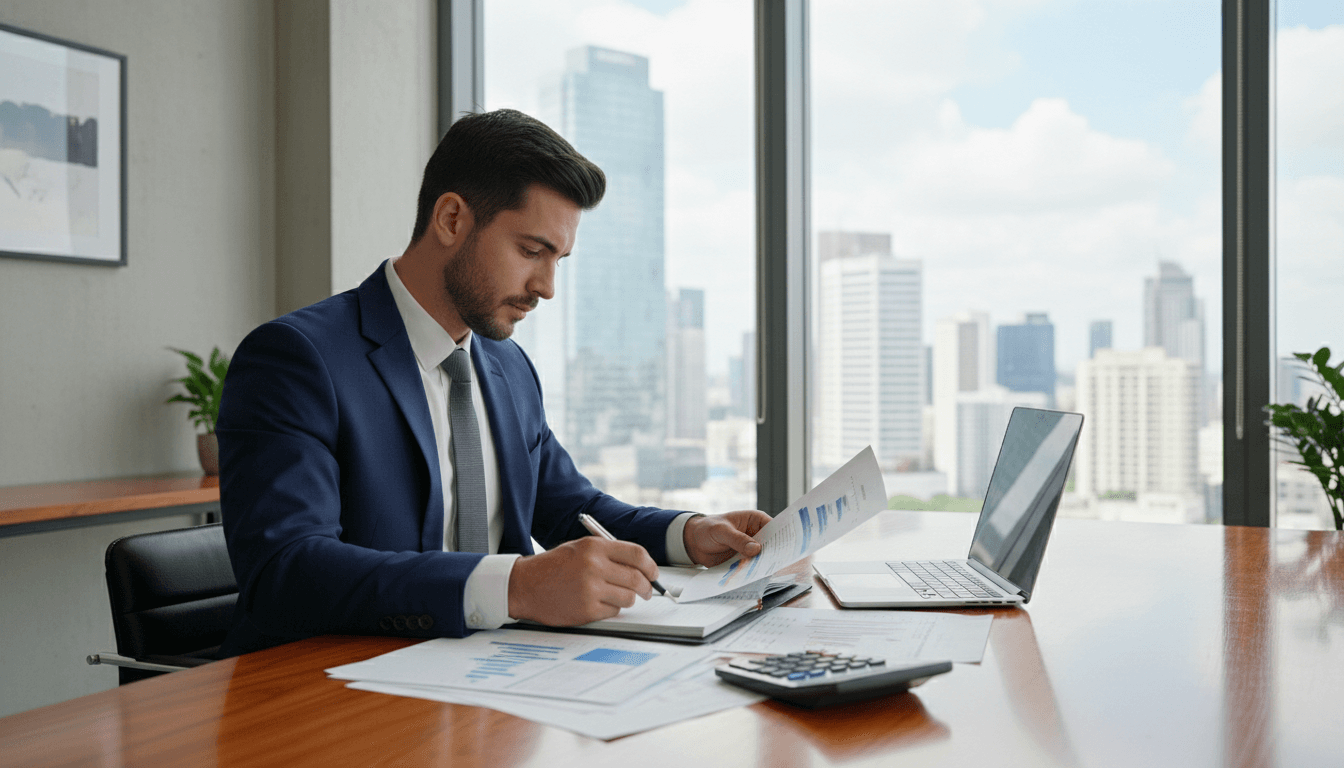 Professional reviewing financial documents with laptop and calculator at modern office desk
