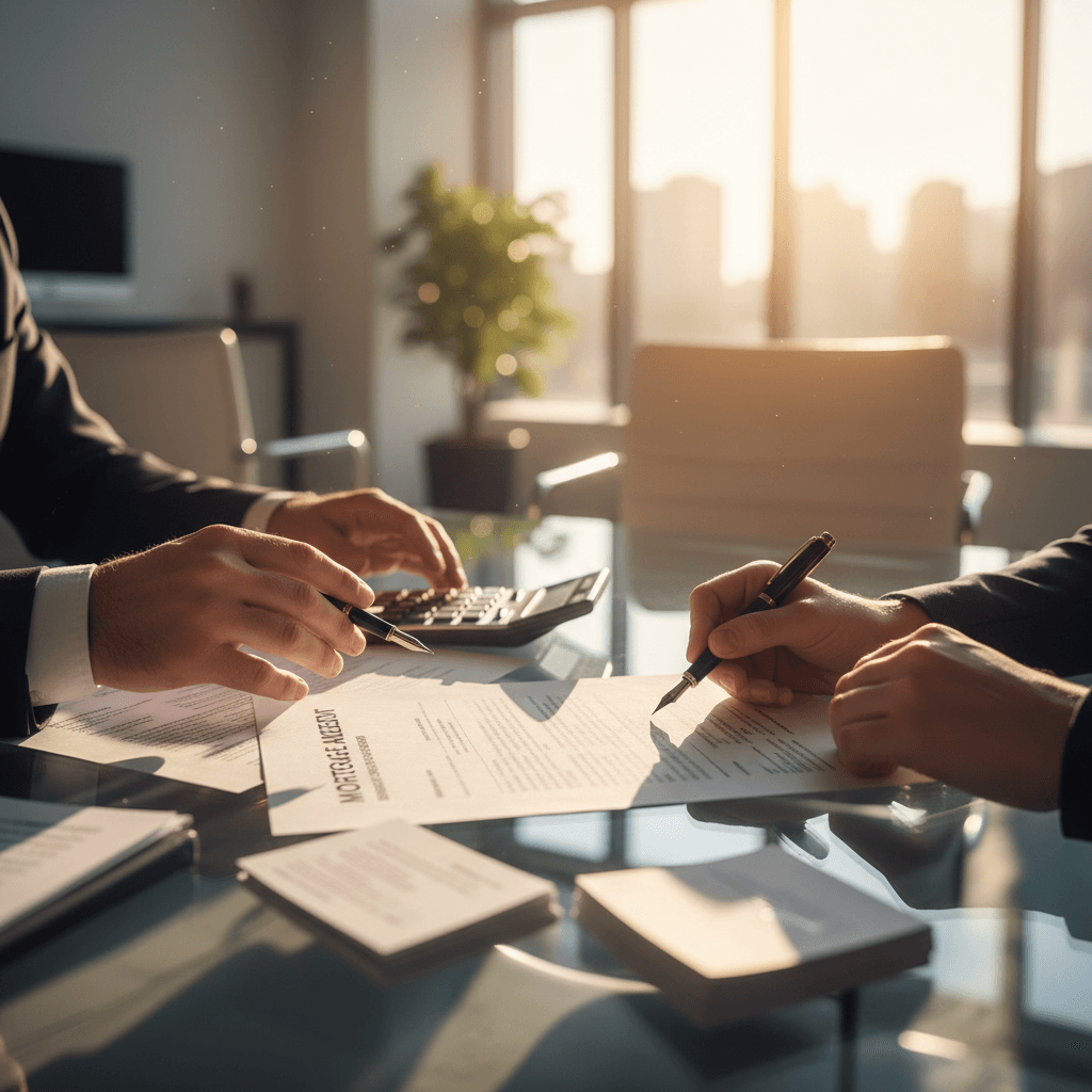 Professional funding specialist discussing loan options with client in modern office setting